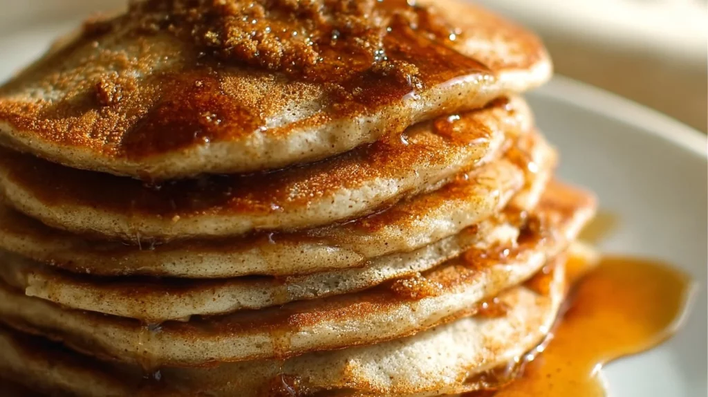 Fluffy cinnamon brown sugar pancakes served on a plate with syrup.