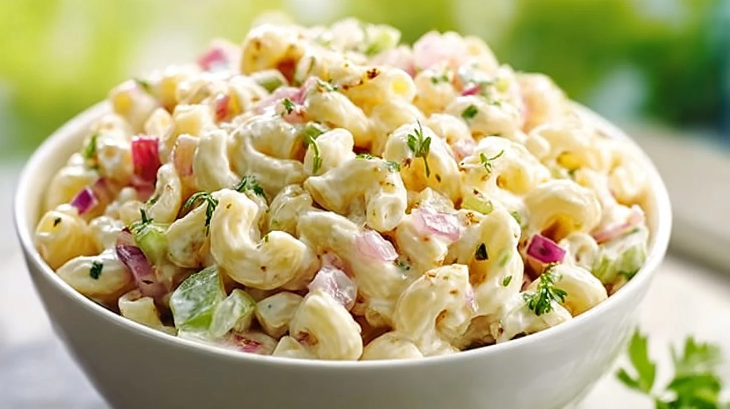 Bowl of classic macaroni salad with vegetables and dressing