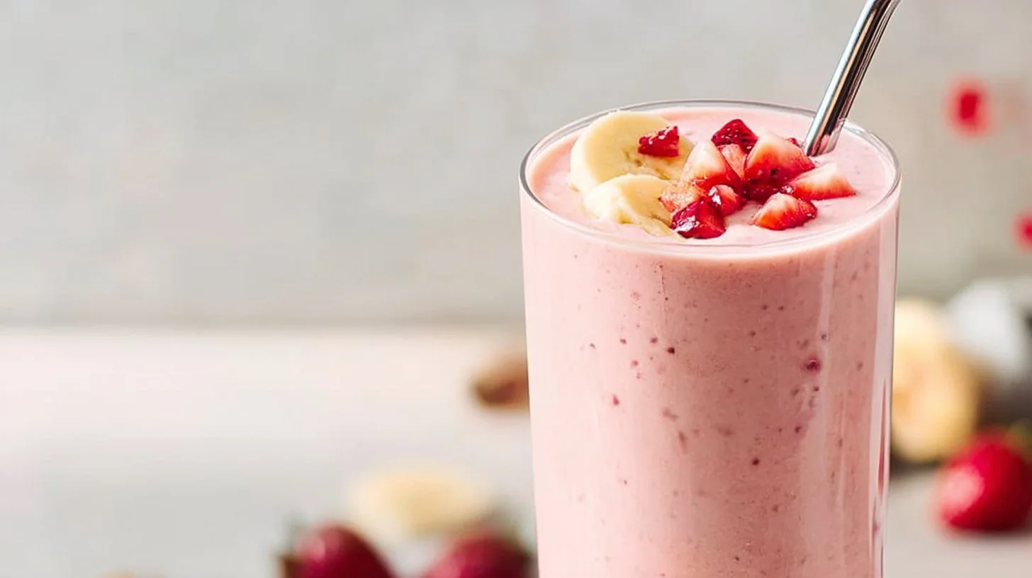 Delicious and healthy classic strawberry banana smoothie in a glass