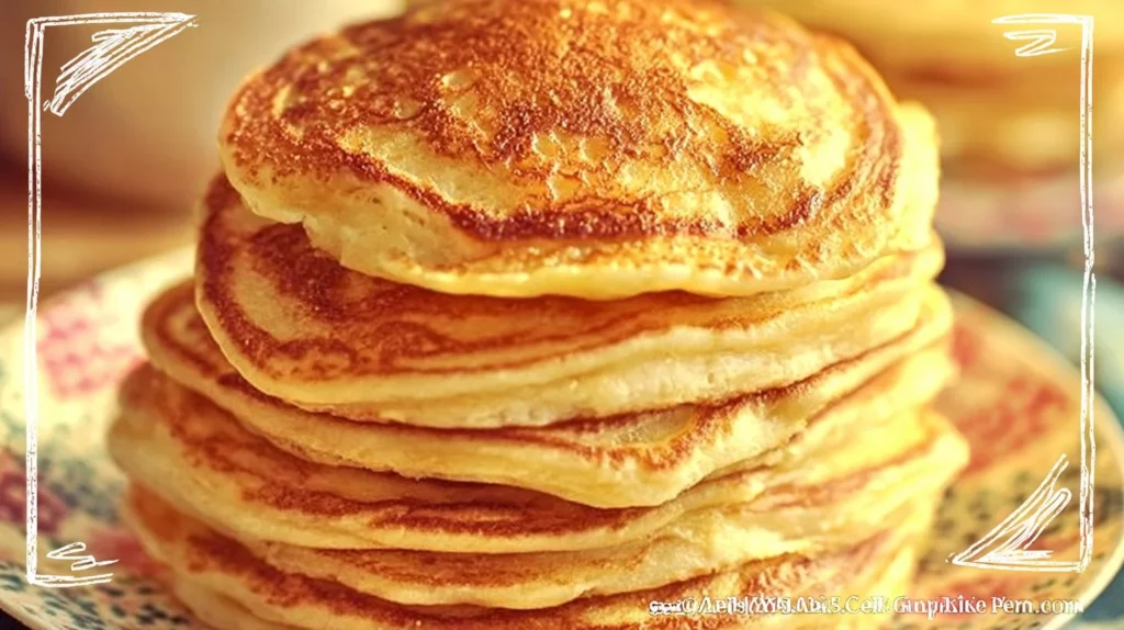 Fluffy Coconut Cream Pancakes topped with coconut cream and slices of fresh coconut