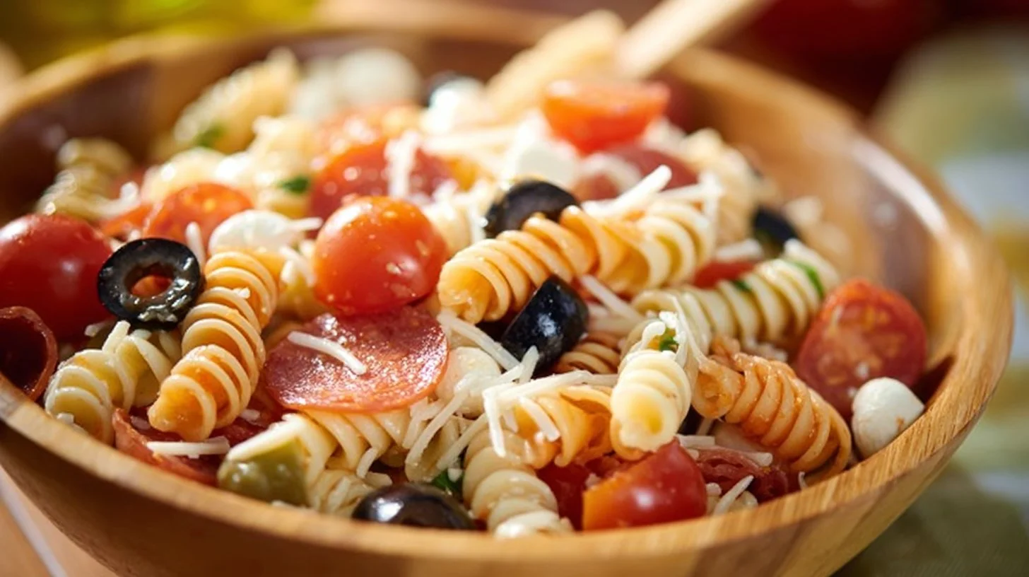 Bowl of cold Italian pasta salad with colorful vegetables and dressing