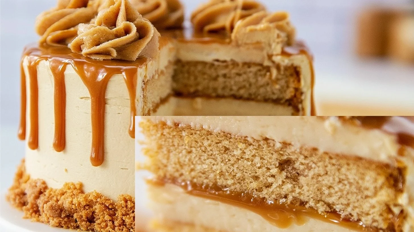 Deliciously moist cookie butter cake topped with creamy frosting