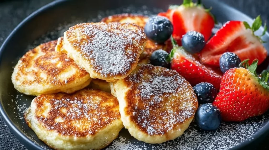 A stack of fluffy cottage cheese pancakes topped with syrup and berries