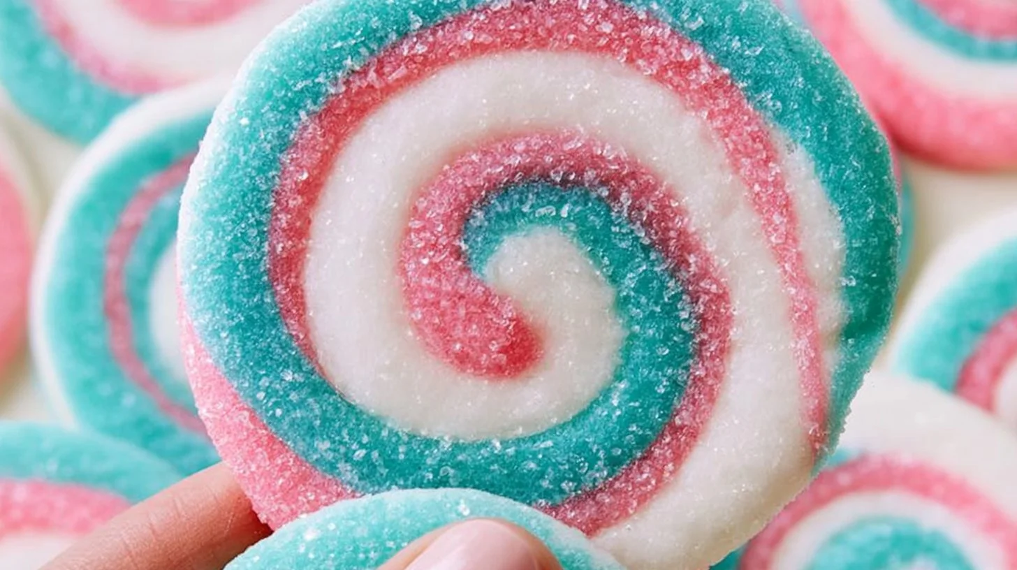 Freshly baked cotton candy cookies with colorful sprinkles and sweet frosting.