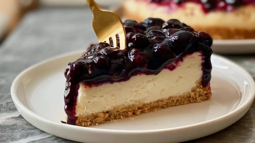 Slice of creamy cheesecake topped with berries on a white plate