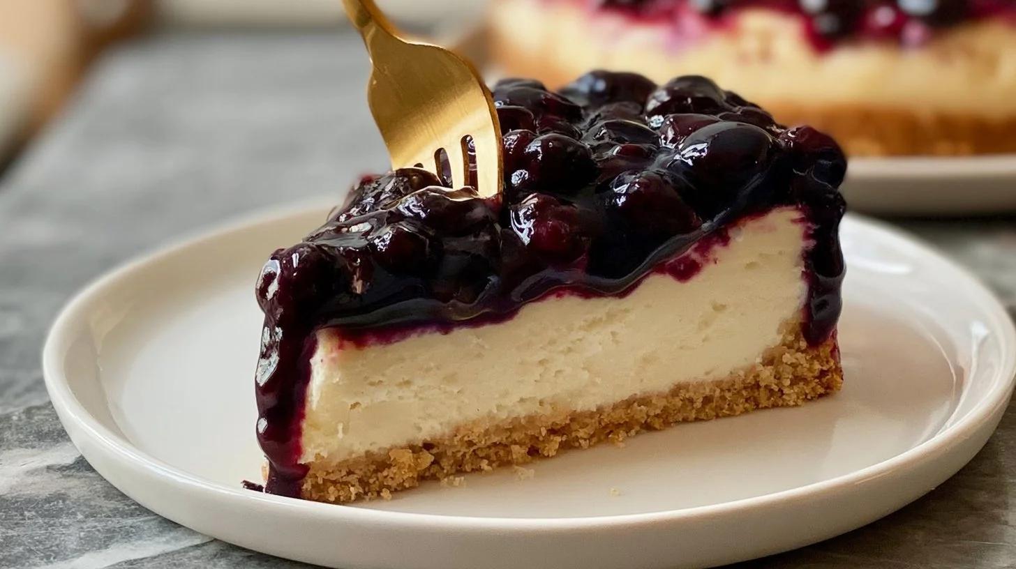 Slice of creamy cheesecake topped with berries on a white plate