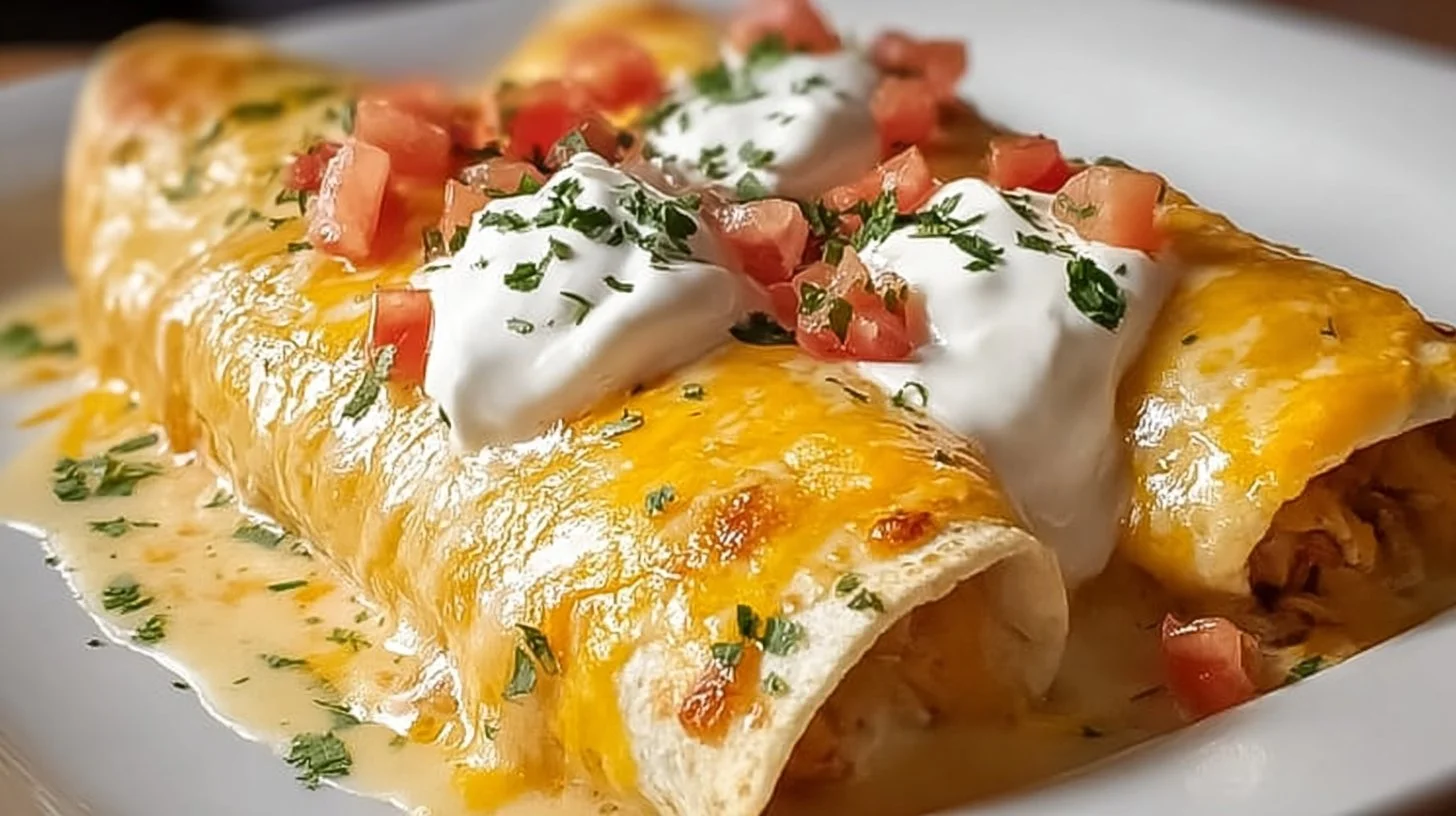 Creamy queso chicken enchiladas topped with melted cheese and fresh ingredients