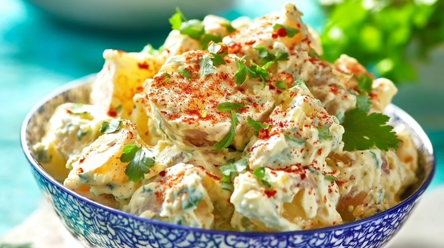 Delicious Creole potato salad served in a bowl with fresh herbs and spices