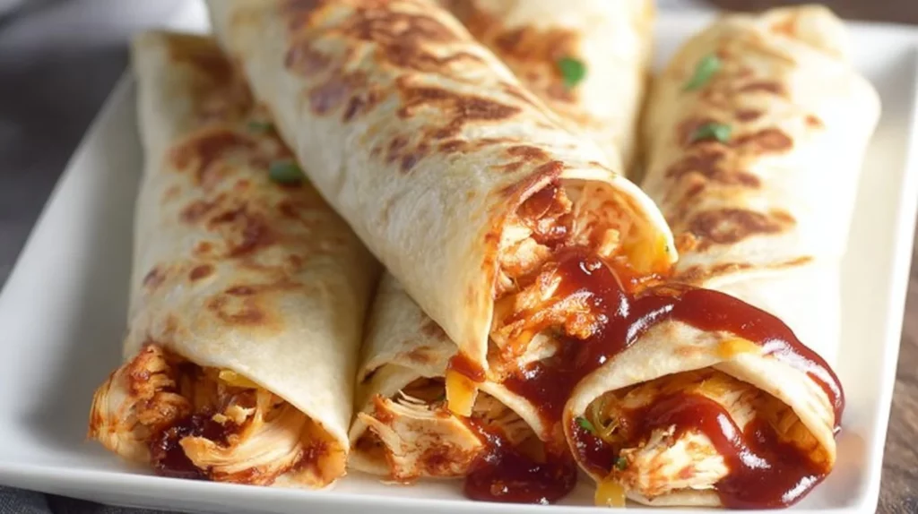 Crispy BBQ chicken wraps filled with fresh ingredients and flavorful sauce