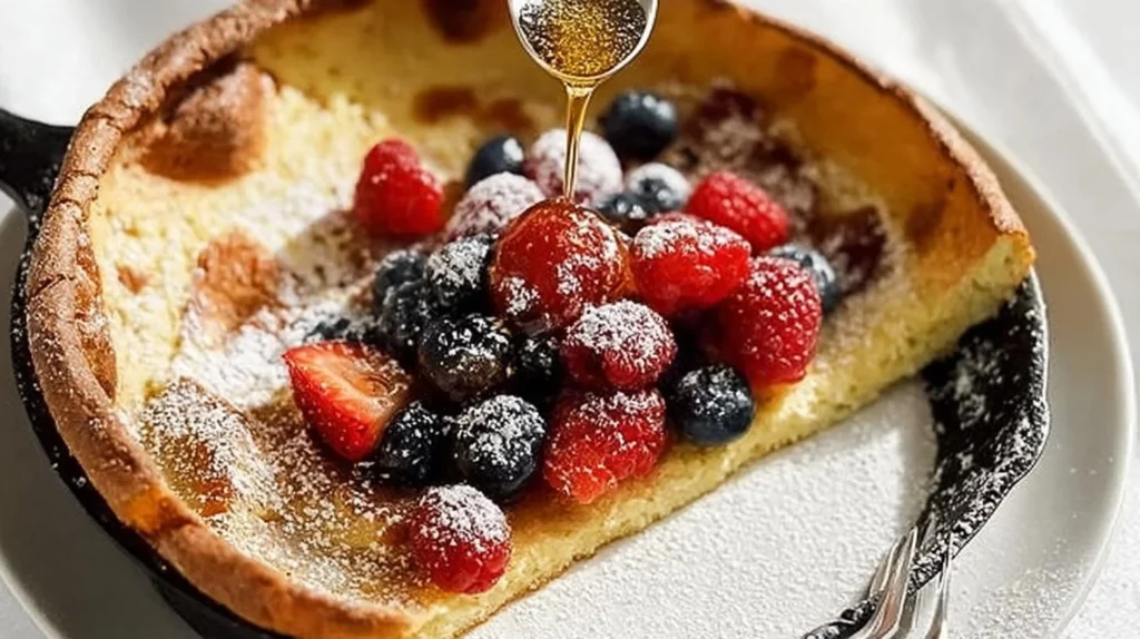 Fluffy Dutch Baby pancake served with fruit and powdered sugar.