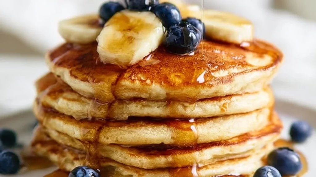 Delicious easy banana pancakes served on a plate, garnished with fresh bananas.
