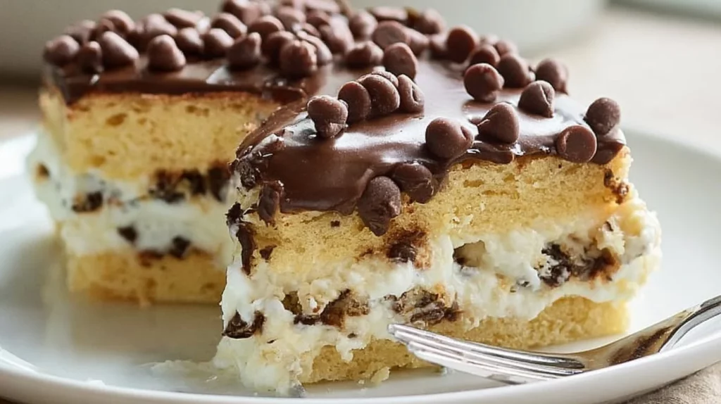 Delicious easy cannoli cake topped with creamy frosting and chocolate chips.