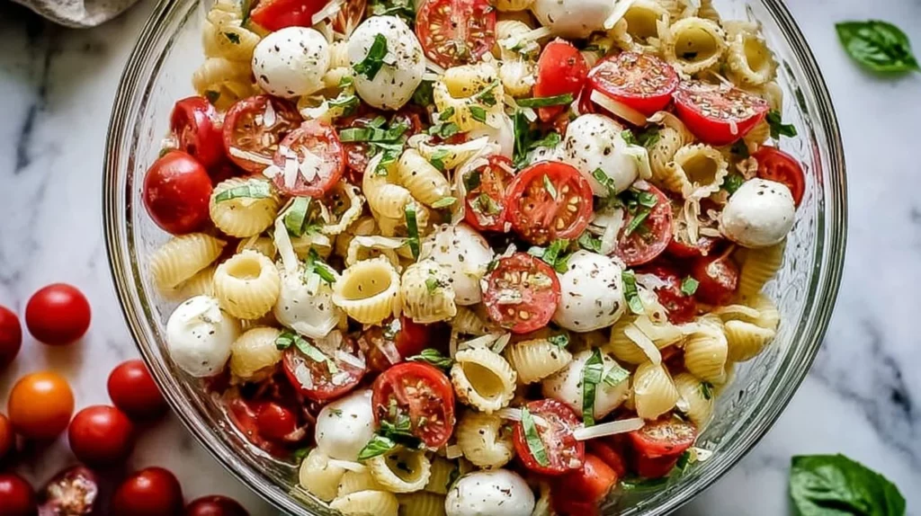 Bowl of easy Caprese pasta salad with fresh basil, tomatoes, and mozzarella