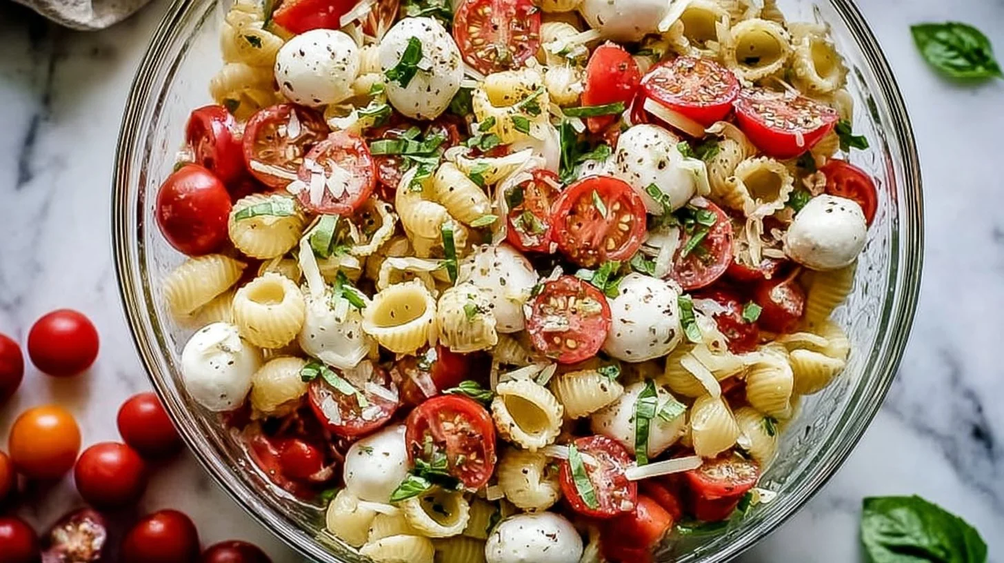 Bowl of easy Caprese pasta salad with fresh basil, tomatoes, and mozzarella