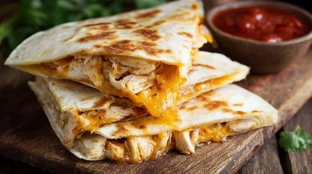 Delicious easy chicken quesadilla with melted cheese and grilled chicken