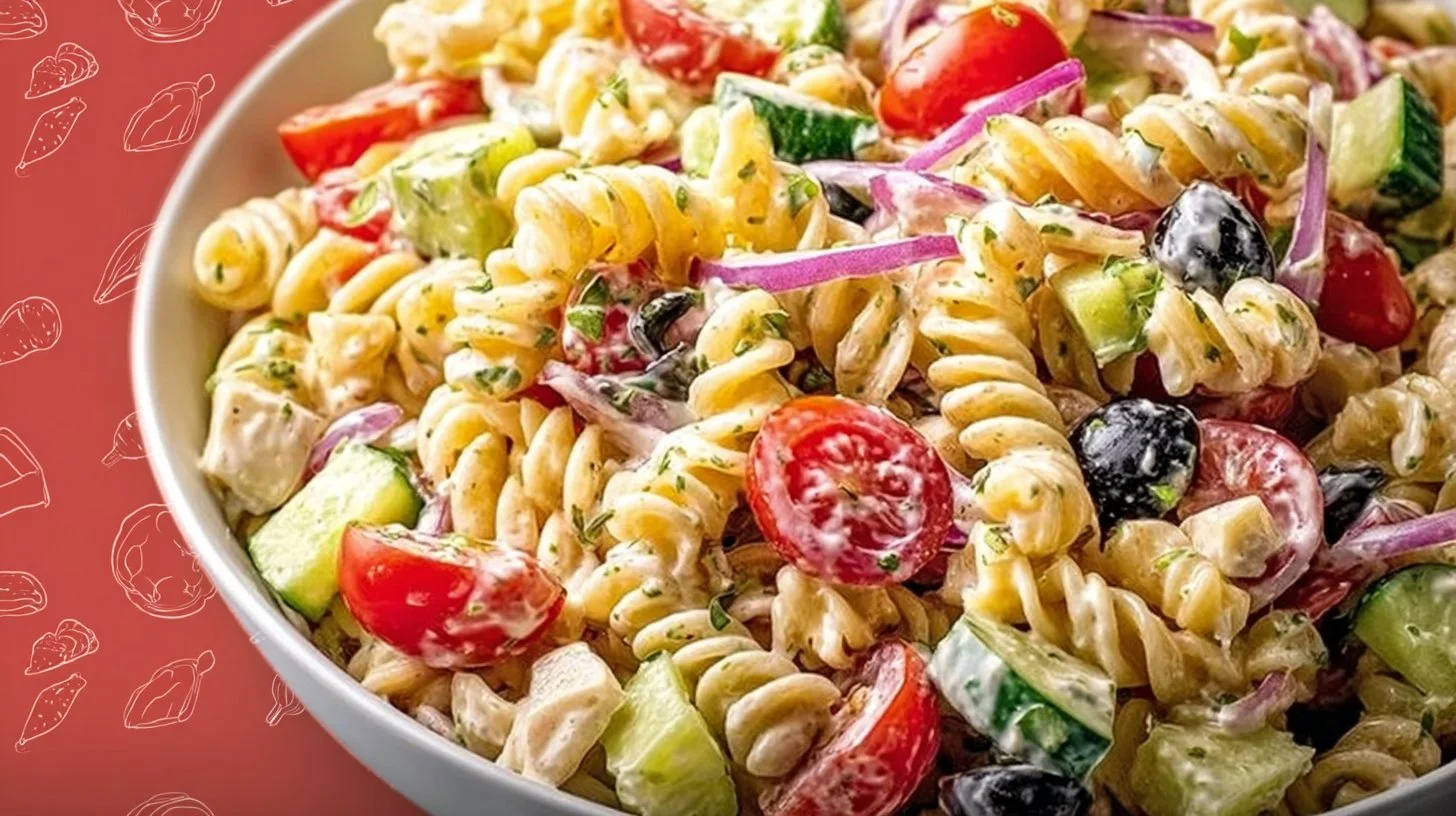 Easy creamy pasta salad bowl with fresh vegetables and herbs