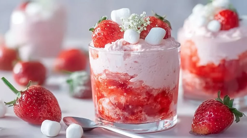 Delicious easy fresh strawberry mousse served in a glass with strawberries on top.