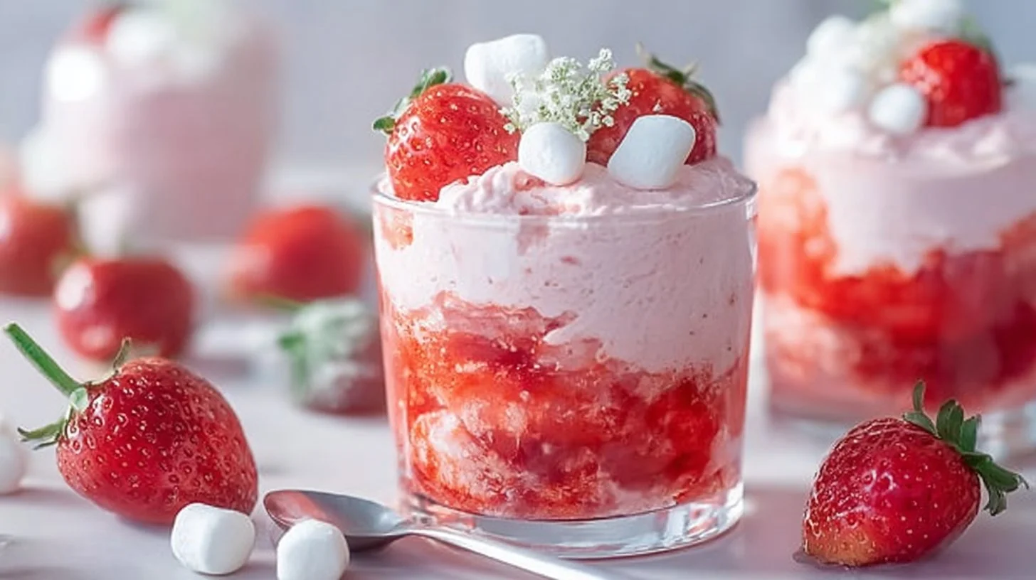 Delicious easy fresh strawberry mousse served in a glass with strawberries on top.
