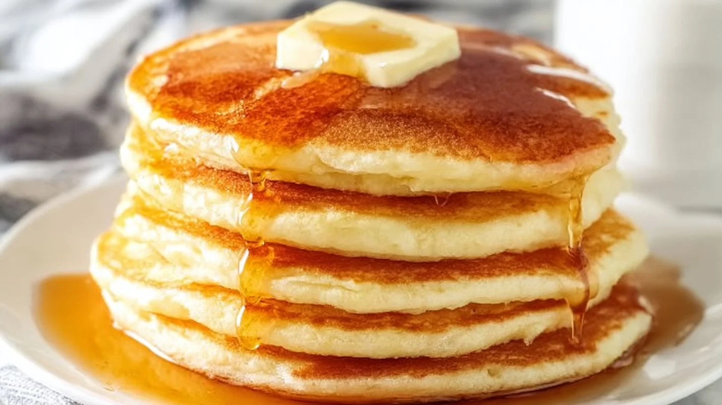 Fluffy homemade pancakes stacked on a plate with syrup