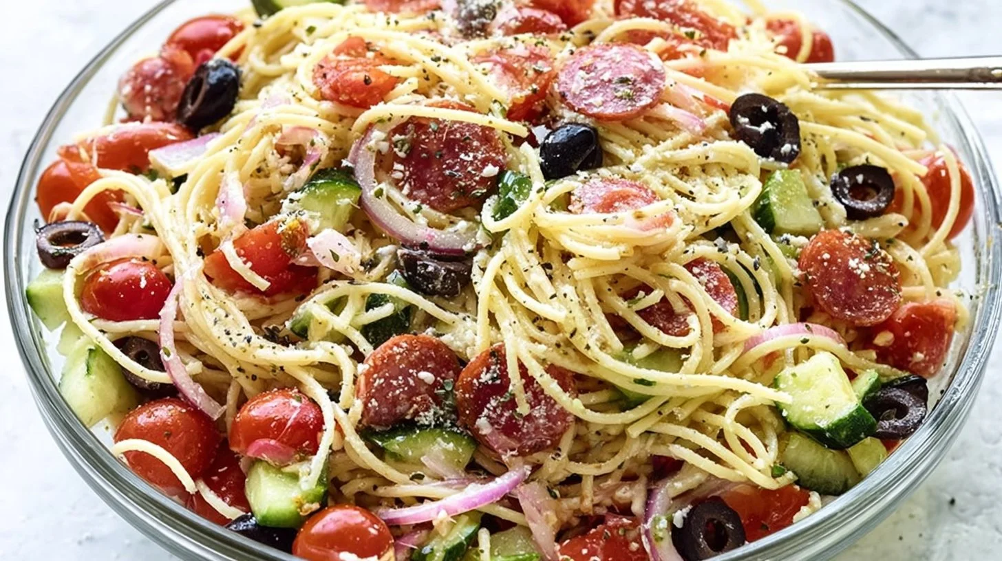 Colorful bowl of easy Italian spaghetti salad with fresh vegetables and dressing.
