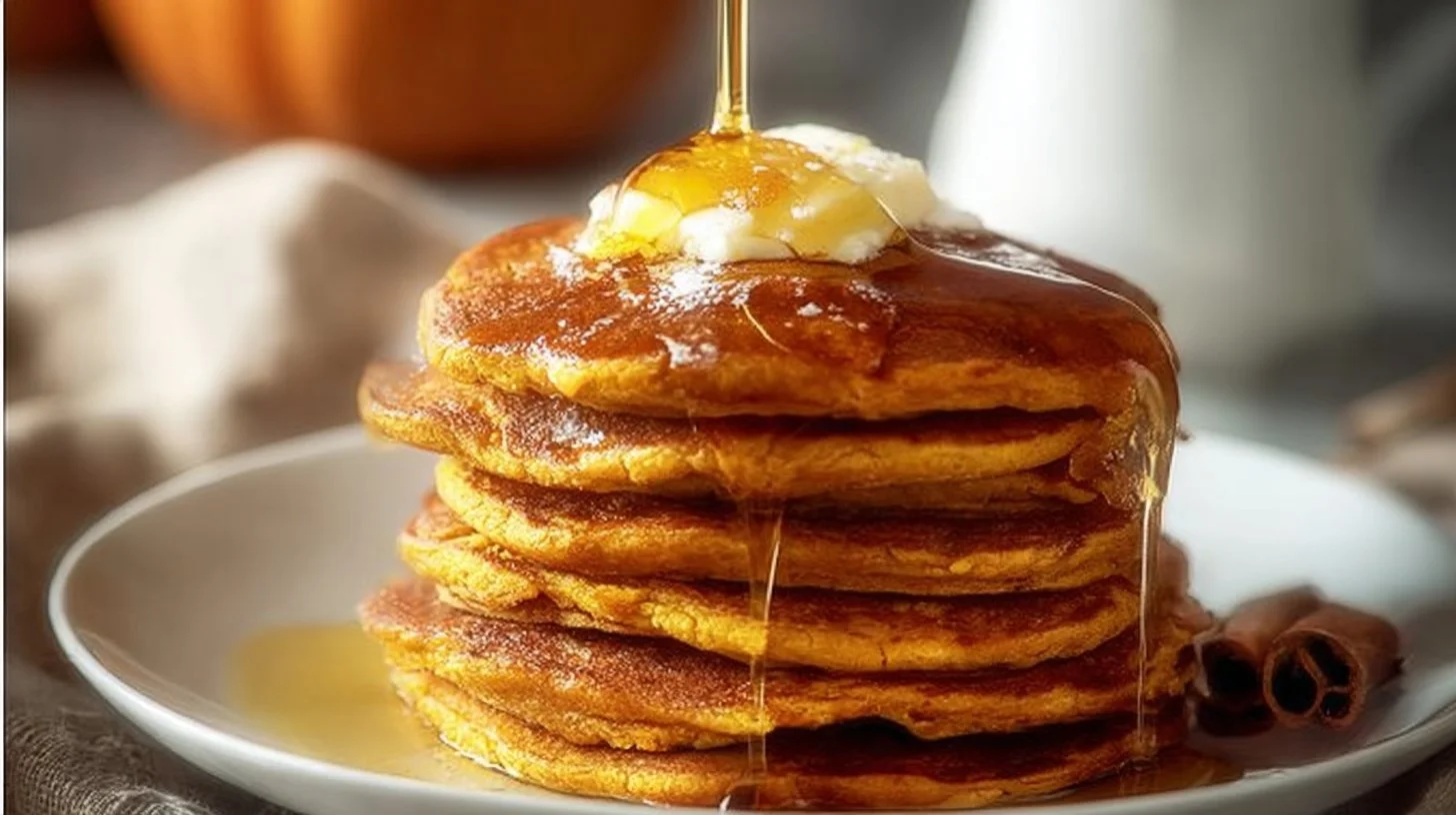 Fluffy pumpkin pancakes stacked with maple syrup and spices