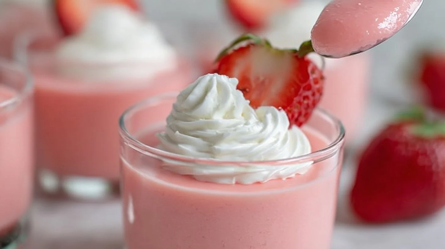 Easy Strawberry Jello Greek Yogurt Dessert 2 Easy strawberry jello dessert topped with Greek yogurt and fresh strawberries.