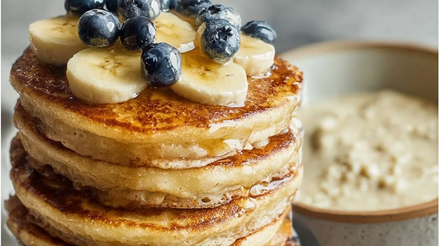 Stack of fluffy banana pancakes topped with syrup and fresh bananas