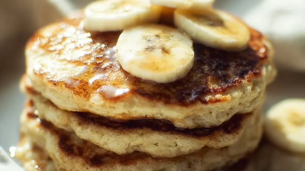 Fluffy vegan banana pancakes topped with syrup and fresh bananas