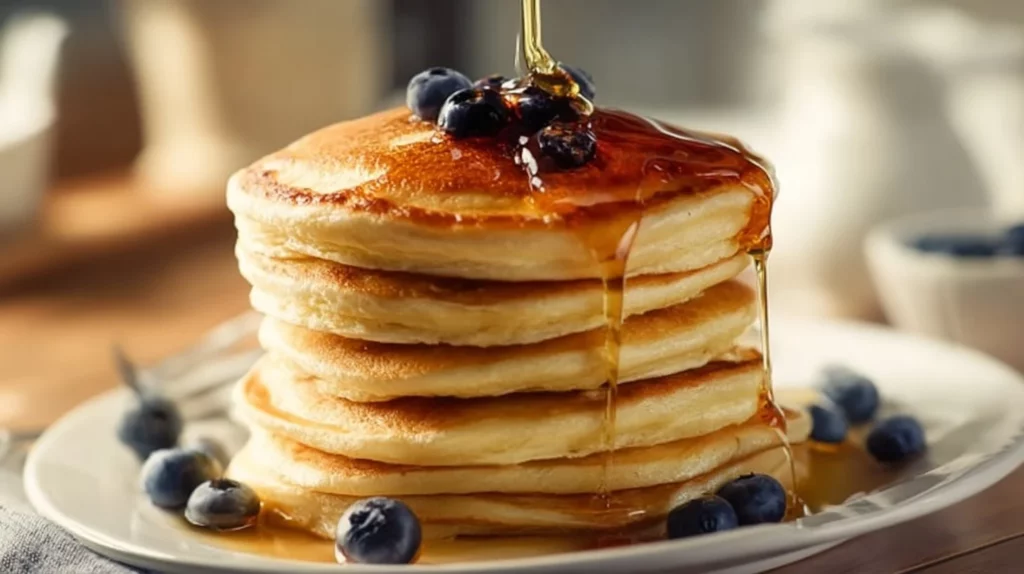 Fluffy vegan pancakes stacked with syrup and berries on a plate