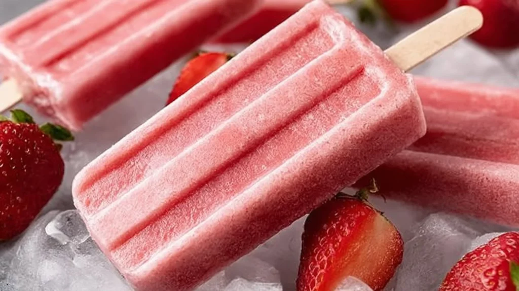 Delicious fresh strawberry yogurt popsicles in a bright and colorful setting