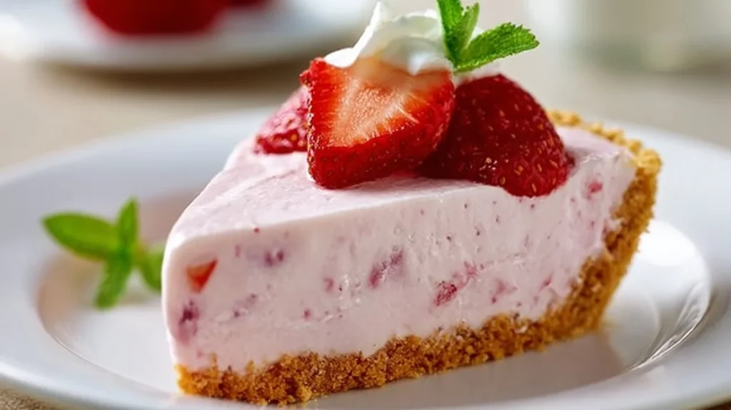 Frozen Strawberry Cream Pie topped with fresh strawberries and cream