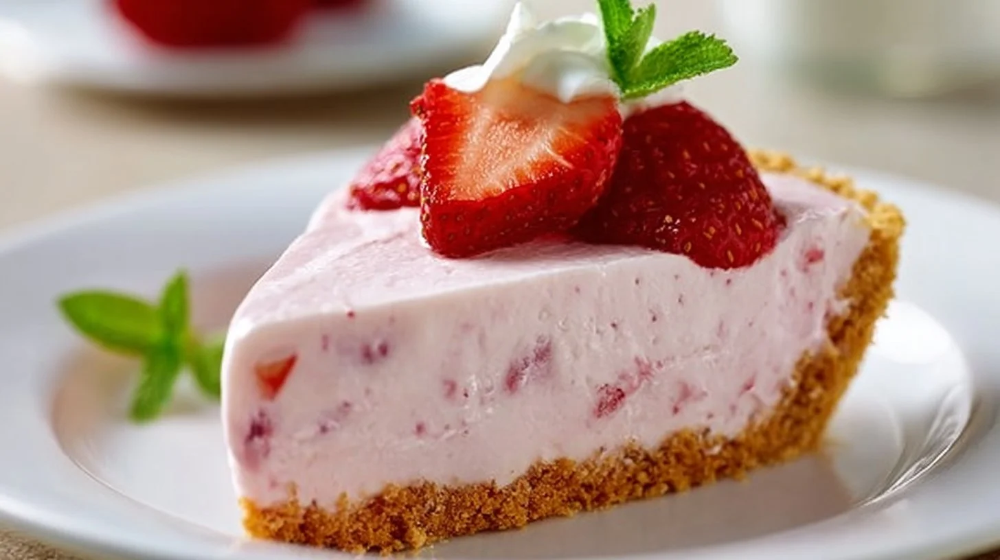 Frozen Strawberry Cream Pie topped with fresh strawberries and cream