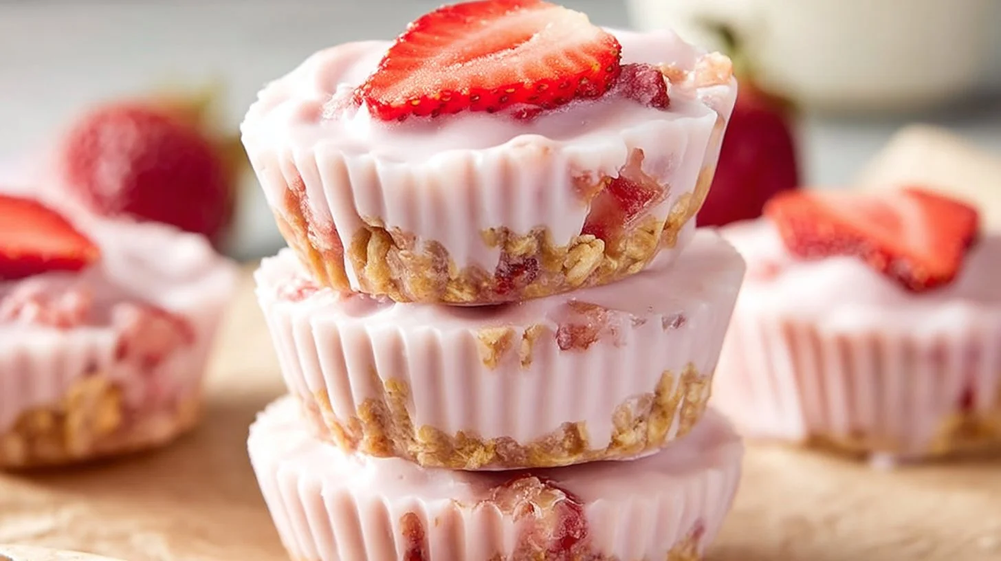 Bowl of frozen strawberry yogurt bites, a healthy snack option