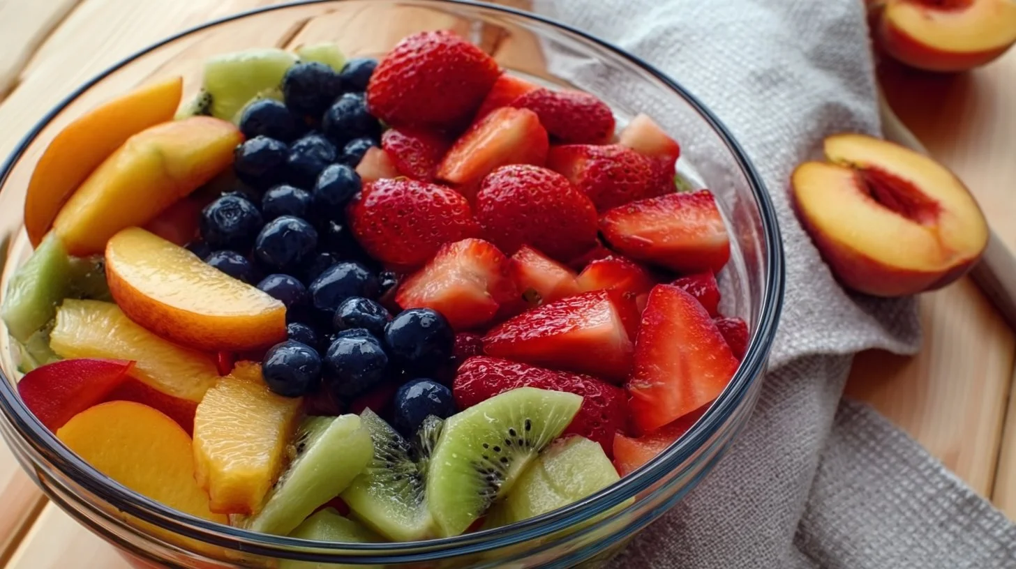 Fruit Salad with Honey Lime Dressing 2 Colorful fruit salad drizzled with honey lime dressing on a white plate
