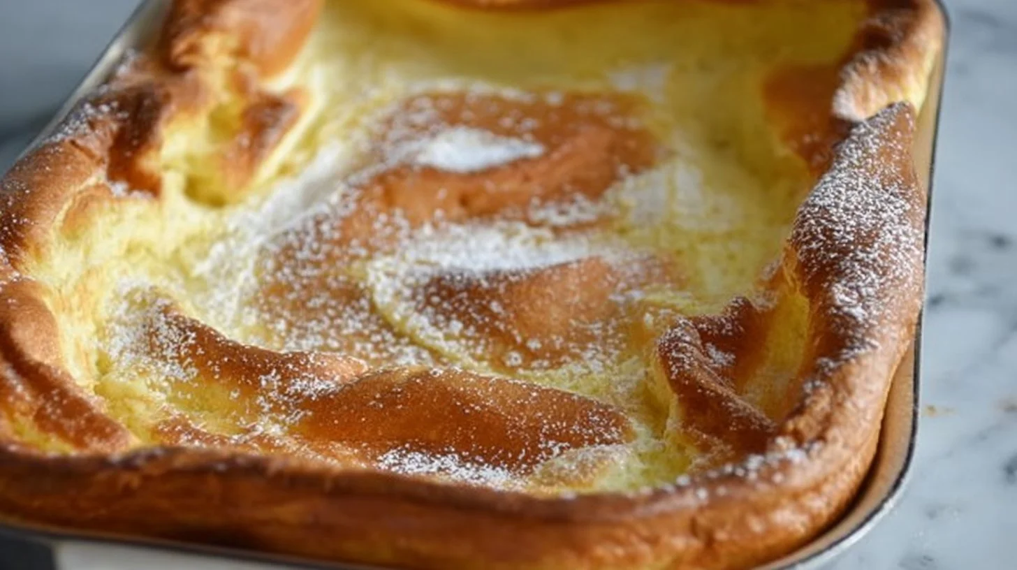 Delicious fluffy German pancakes served with syrup and powdered sugar