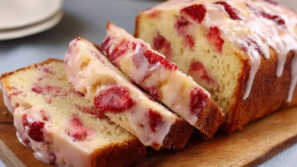 Delicious glazed strawberry bread garnished with fresh strawberries