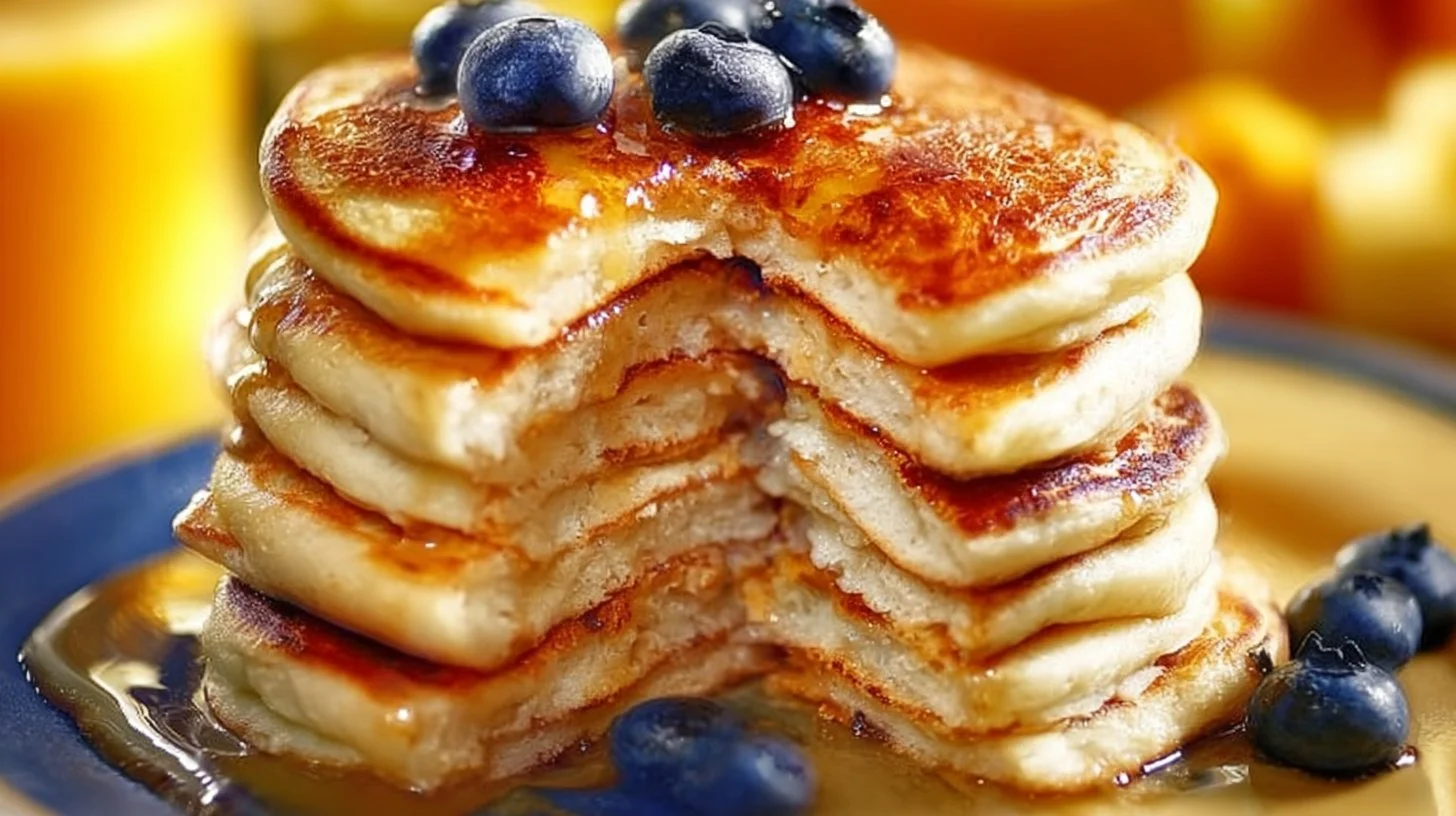 Fluffy Greek yogurt pancakes served with fresh berries and syrup.