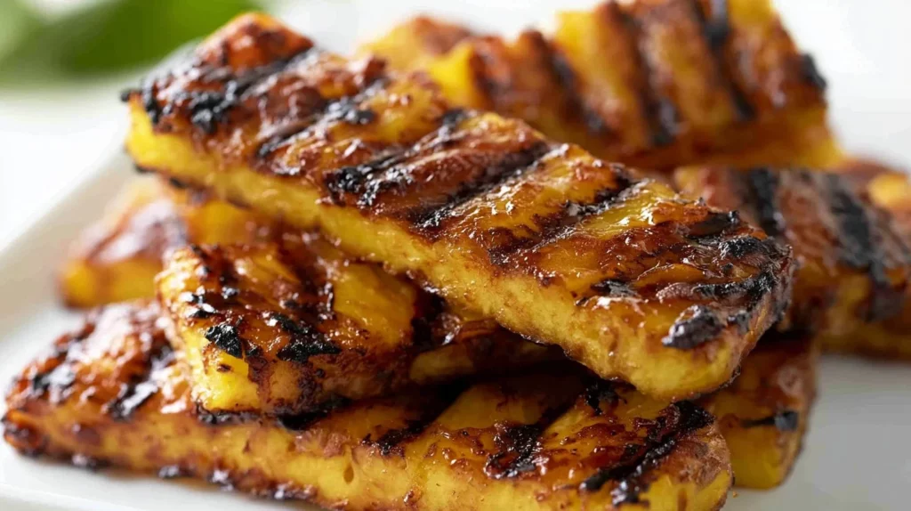 Sliced grilled pineapple sprinkled with cinnamon sugar on a plate