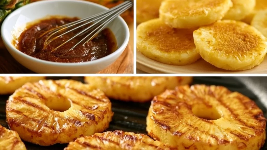 Grilled pineapple slices drizzled with honey on a plate.
