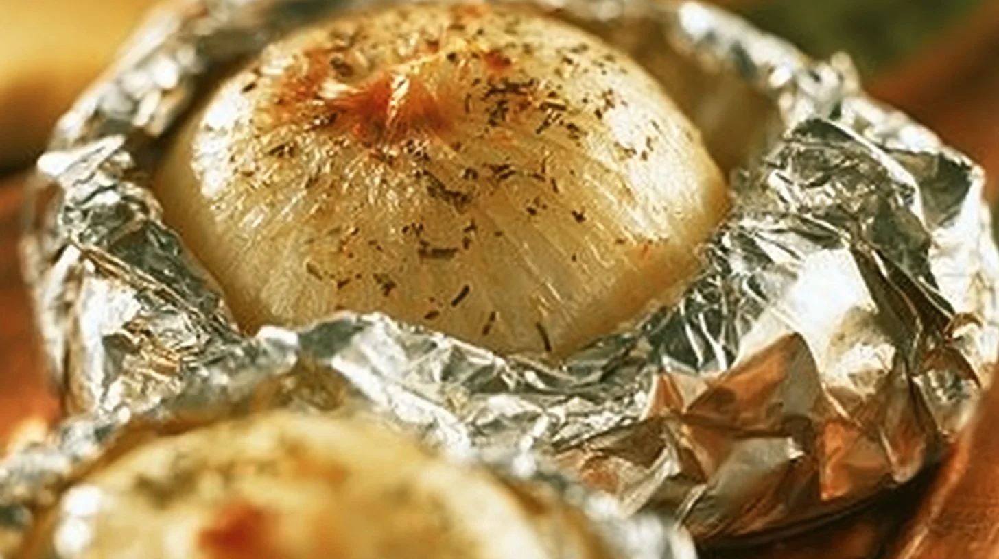 Grilled sweet onions served on a plate with fresh herbs