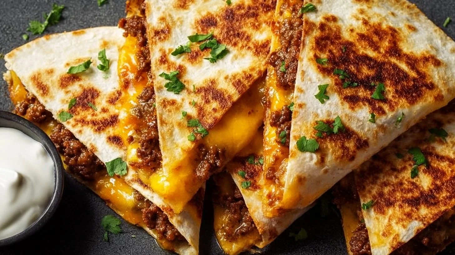 Ground beef quesadillas topped with melted cheese and fresh toppings