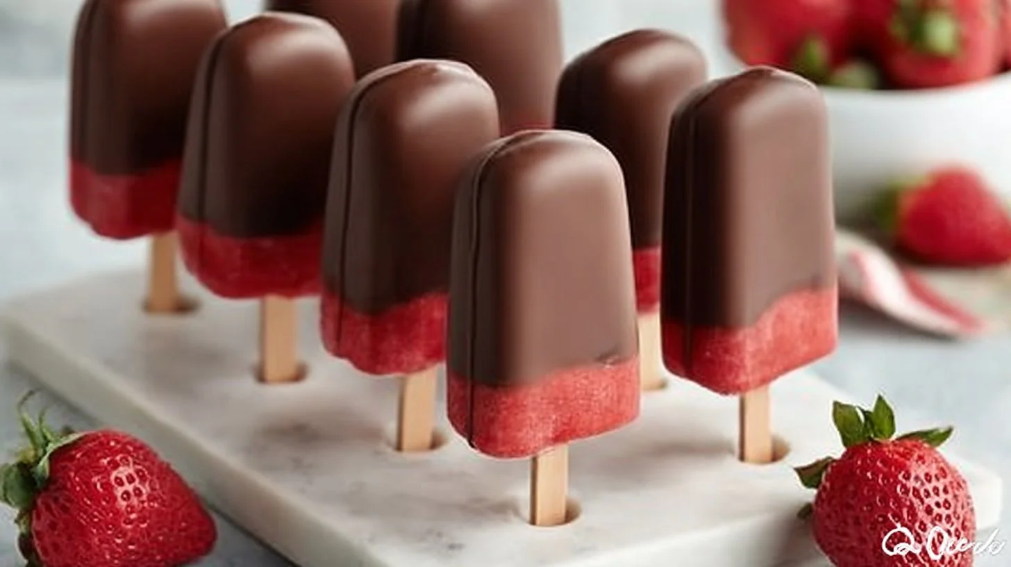 Delicious healthy chocolate covered strawberry popsicles on a wooden table.
