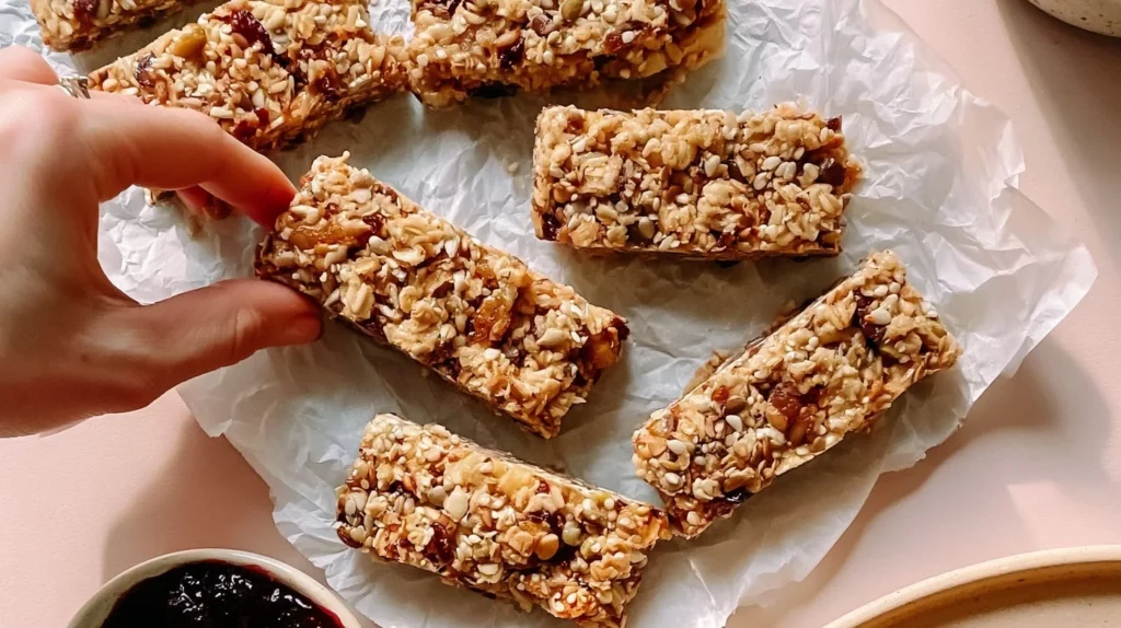Healthy no-bake trail mix granola bars with nuts and dried fruits