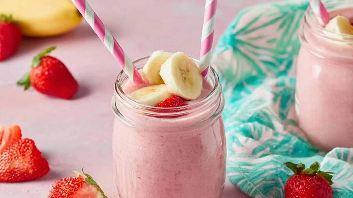 Healthy strawberry banana smoothie in a glass with fruits and mint garnish