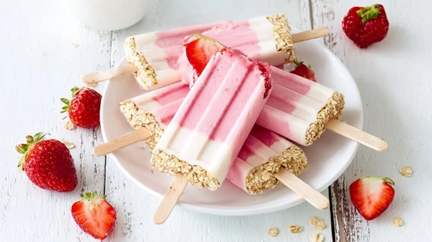 Healthy strawberry yogurt popsicles in a colorful dish on a bright background.