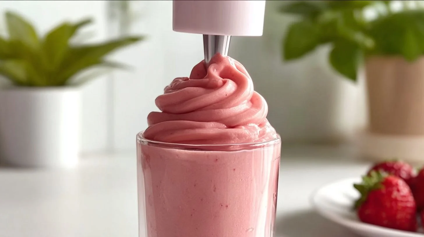 A bowl of homemade strawberry frozen yogurt topped with fresh strawberries