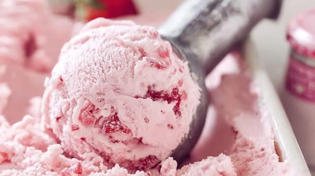 Bowl of homemade strawberry ice cream topped with fresh strawberries