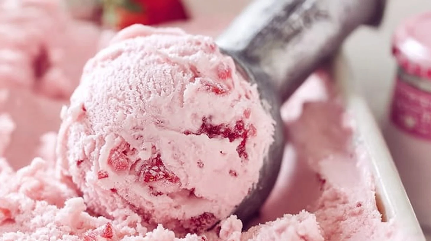 Bowl of homemade strawberry ice cream topped with fresh strawberries