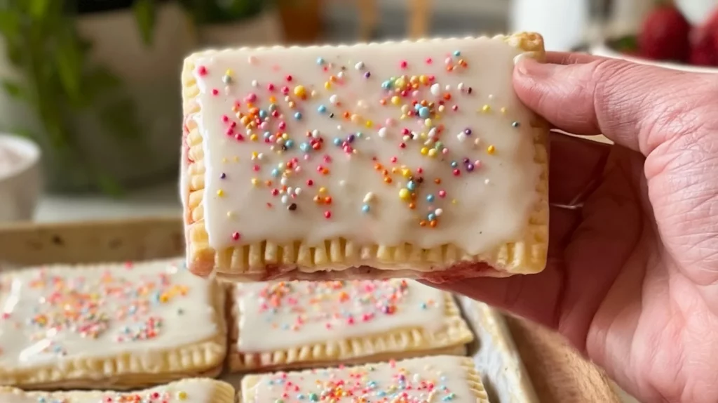 Homemade strawberry pop tarts with icing and fresh strawberries on a plate.