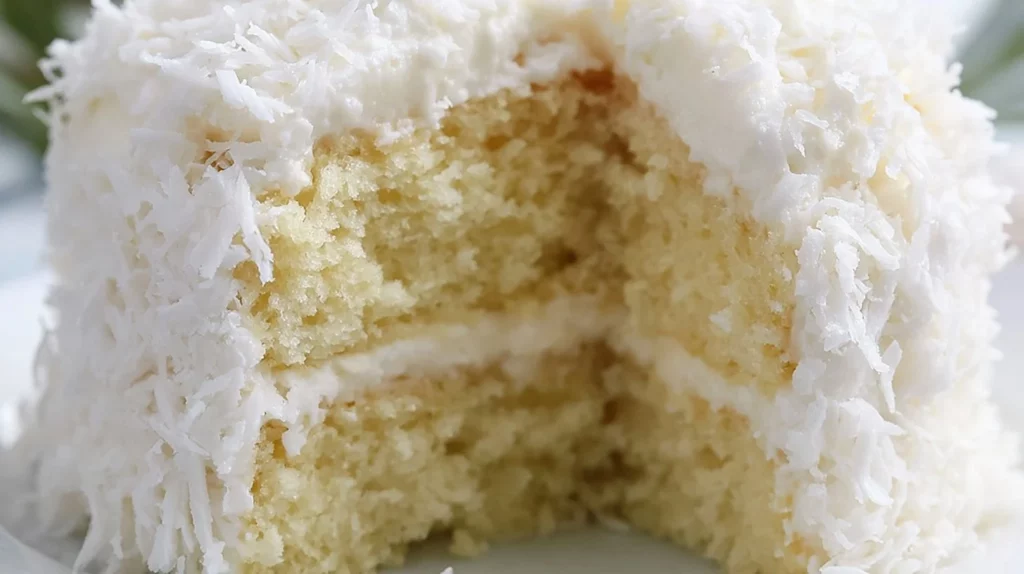 Delicious and moist coconut cake topped with coconut flakes and creamy frosting.